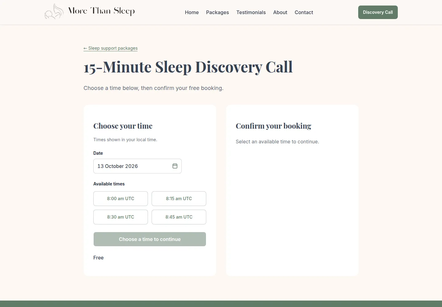 Choosing a time for a free discovery call on More Than Sleep.