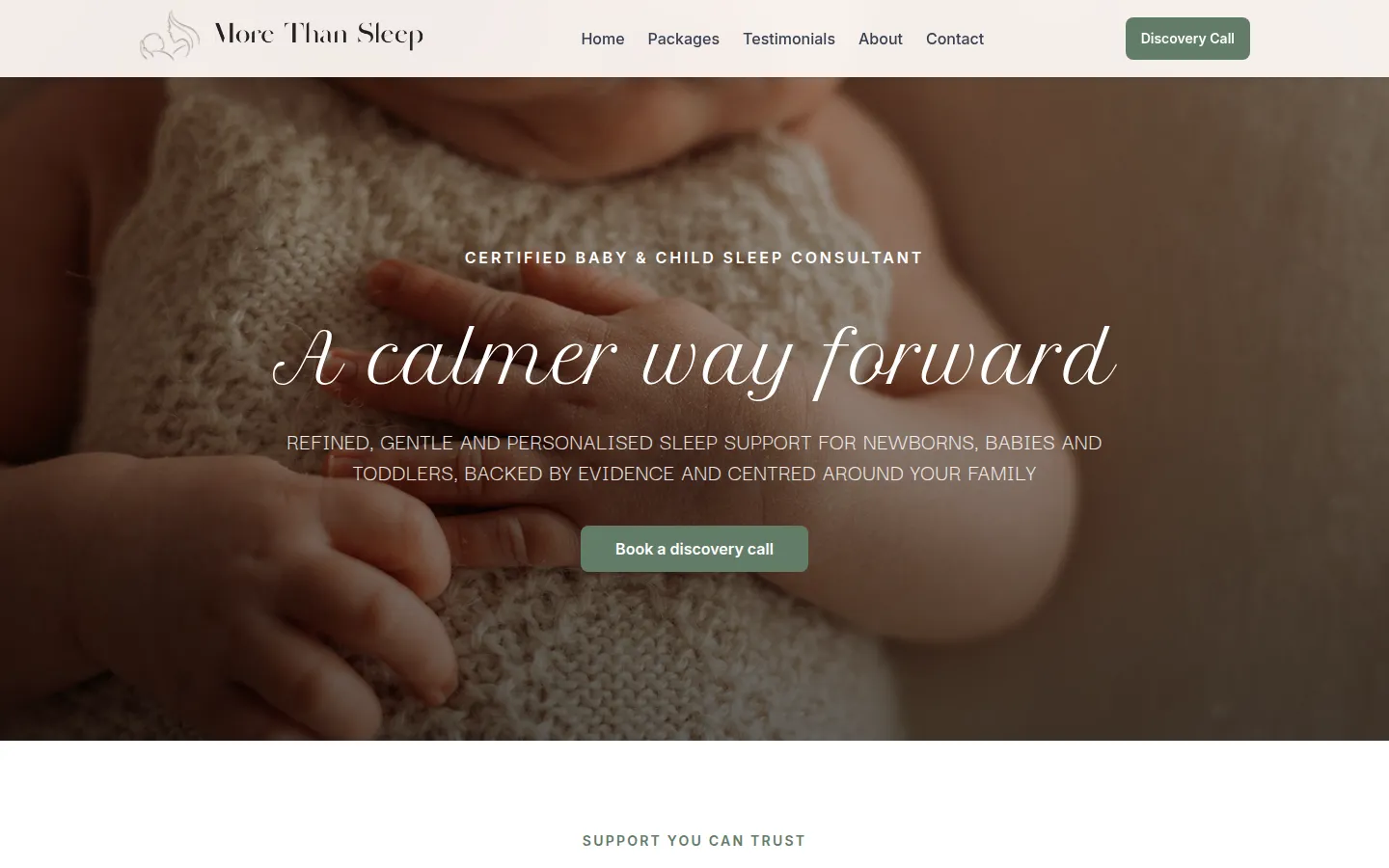The More Than Sleep home page, with the headline "A calmer way forward" over a photo of a sleeping baby.